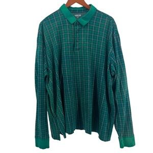 Lands’ End Mens Polo Shirt Traditional Fit Long Sleeve Green Plaid 10481